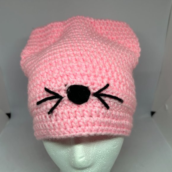 Handmade Crochet Light Pink Knit Cap w/Black Accent OS - Picture 3 of 11